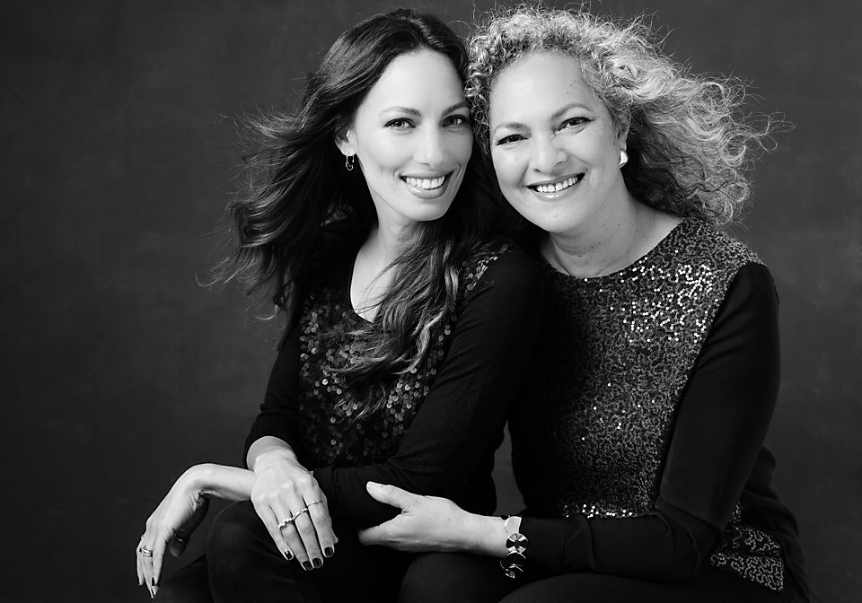 Black And White Portrait Of Adult Mother And Daughter In Studio